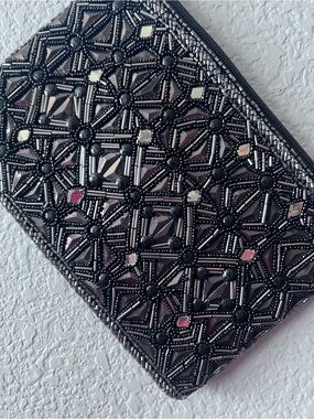 Black Beaded Evening Clutch Bag Geometric Sequin Cocktail Party Zipper Purse